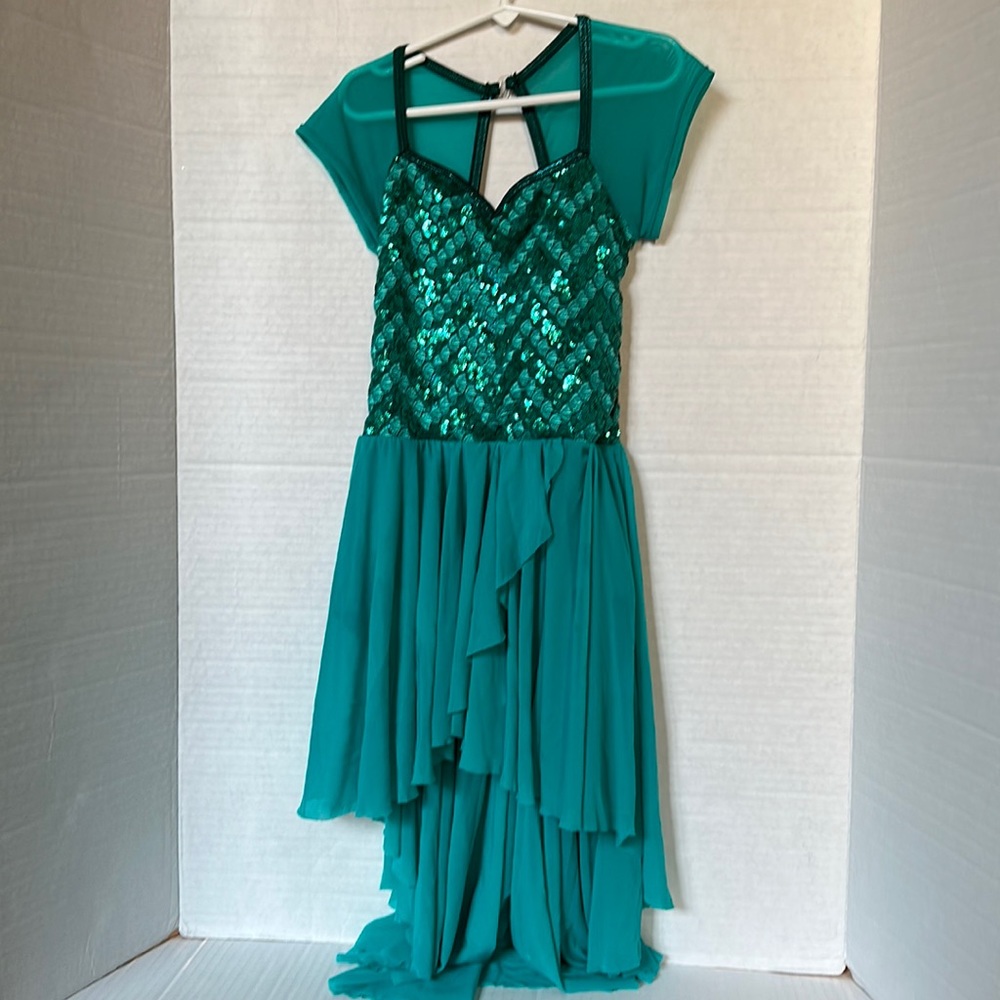 Dance Costume with Sequin on top Leotard High Low Skirt Green Size Medium Girls
